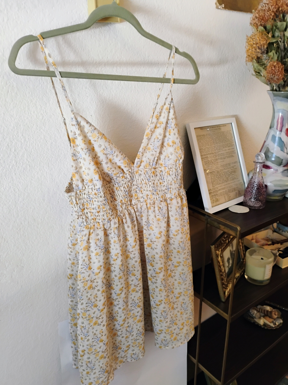 Forever 21 Cream Floral Smocked Waist Cami Dress Size L